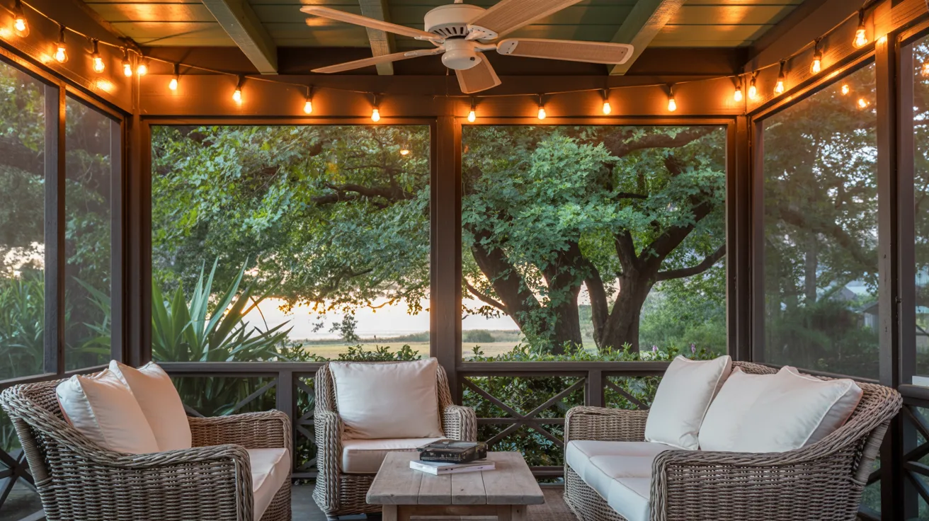  A screened porch featuring wicker furniture and a ceiling fan, creating a cozy and inviting outdoor living space.
