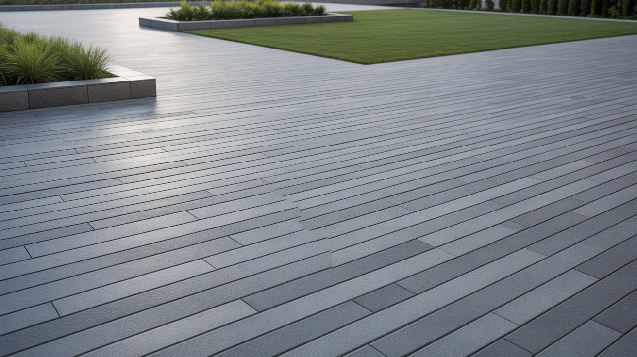A wooden deck surrounded by lush green grass and various plants, creating a serene outdoor space.
