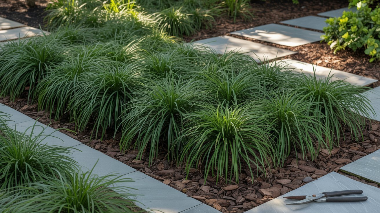  A lush garden featuring vibrant grass and various plants in the center, creating a serene outdoor space.
