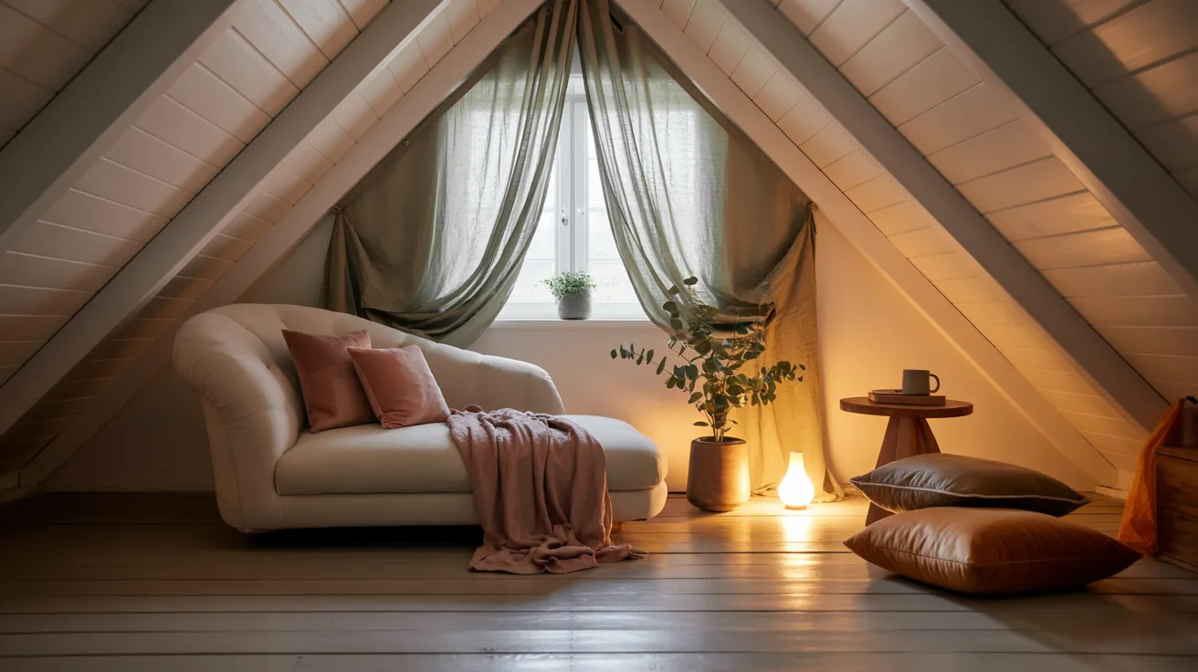 An attic room featuring a cozy couch and a standing lamp, creating a warm and inviting atmosphere.