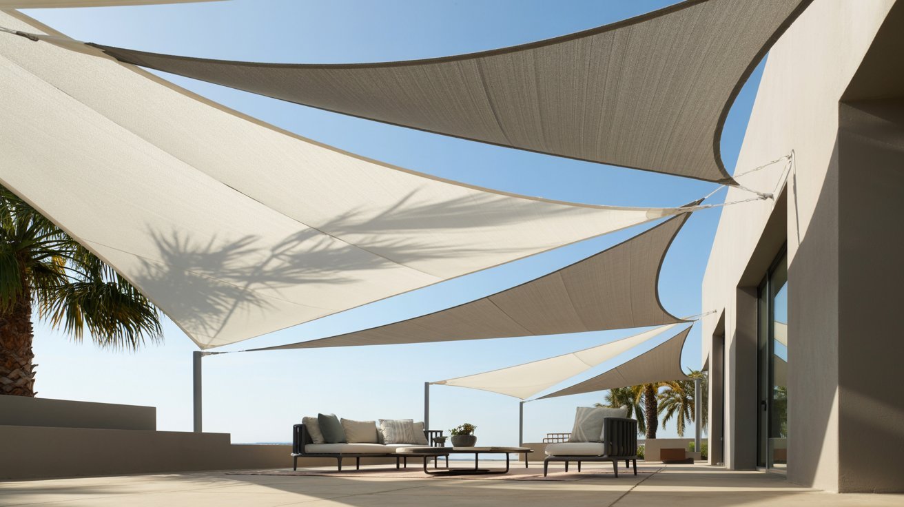 A patio featuring white shade sails overhead and several chairs arranged for seating.