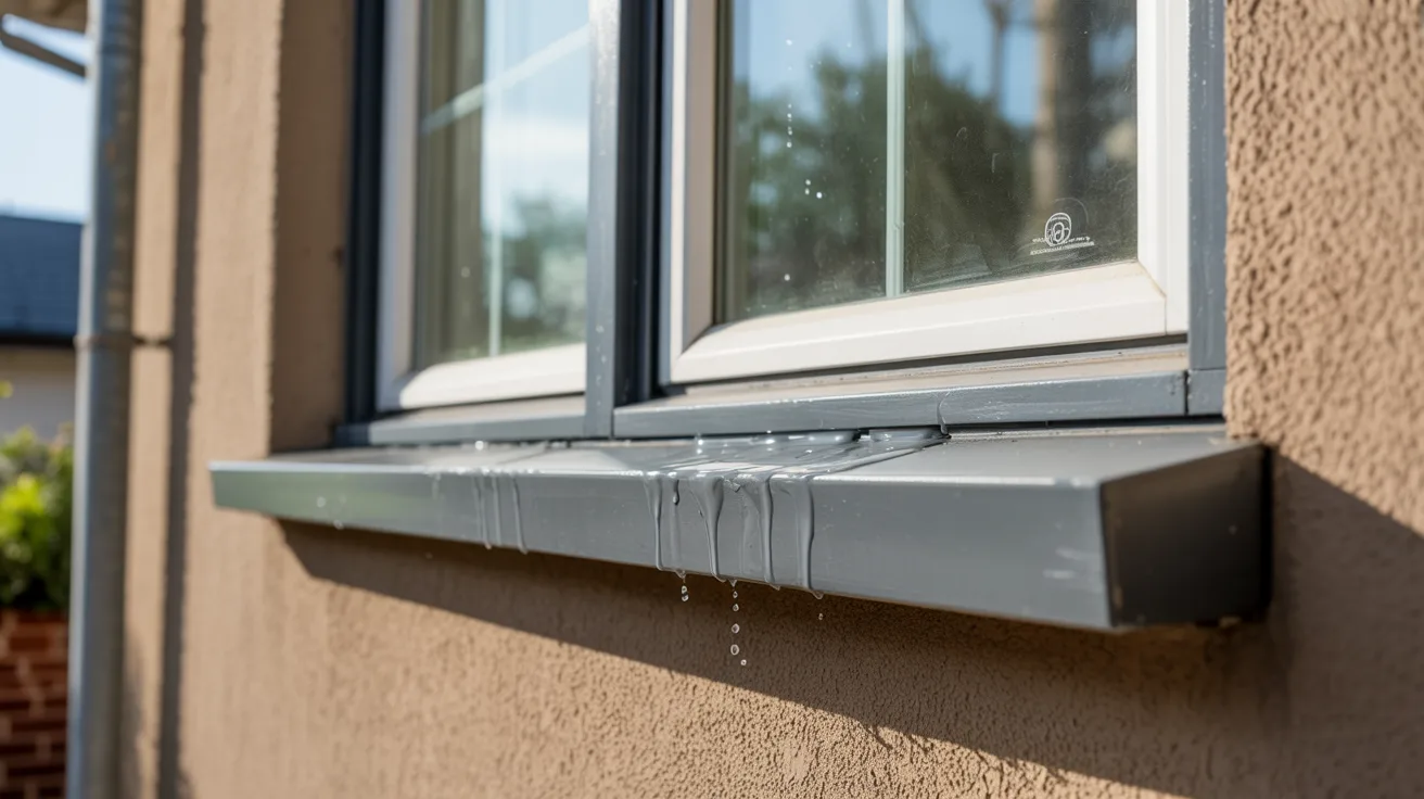 A window with water droplets cascading down its surface, suggesting rain or condensation.
