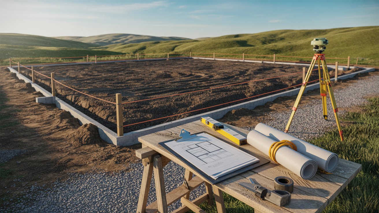 A construction site featuring a blueprint and a ruler, illustrating planning and measurement for a building project.