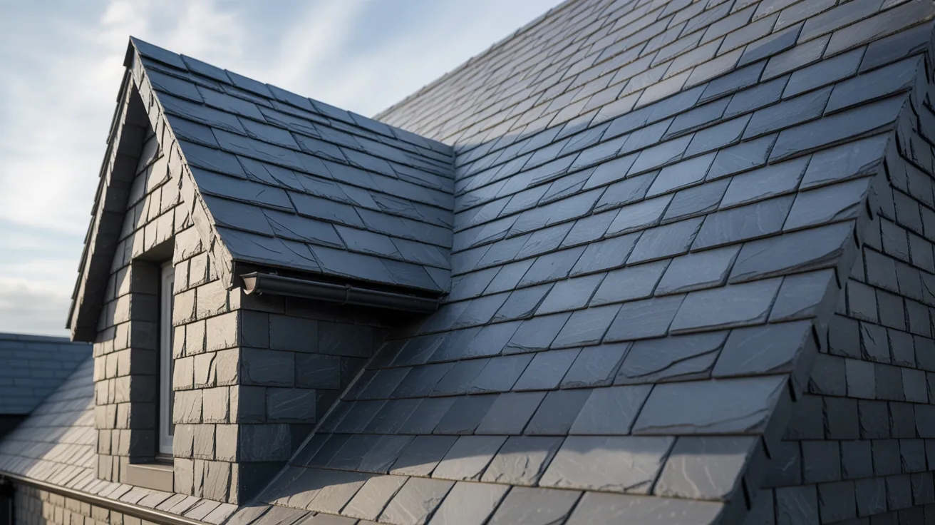 Close-up of a house featuring a black roof against a clear sky, highlighting its architectural details.