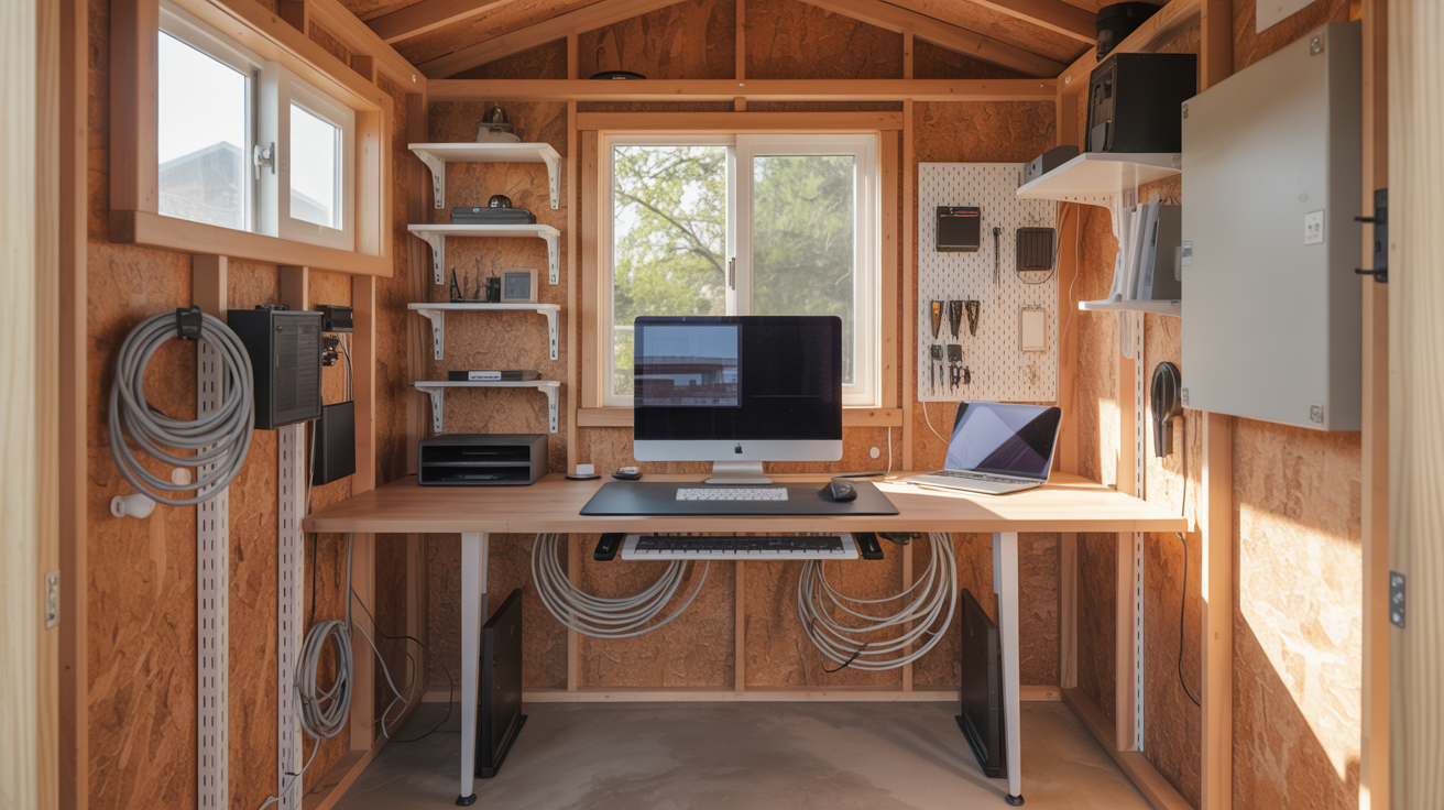 A small office featuring a desk with a computer, creating a compact workspace environment.