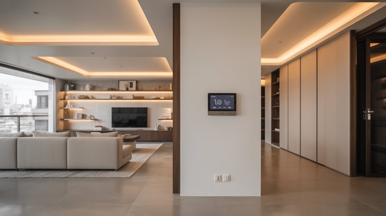  A modern living room featuring a couch and a television, designed for comfort and relaxation.
