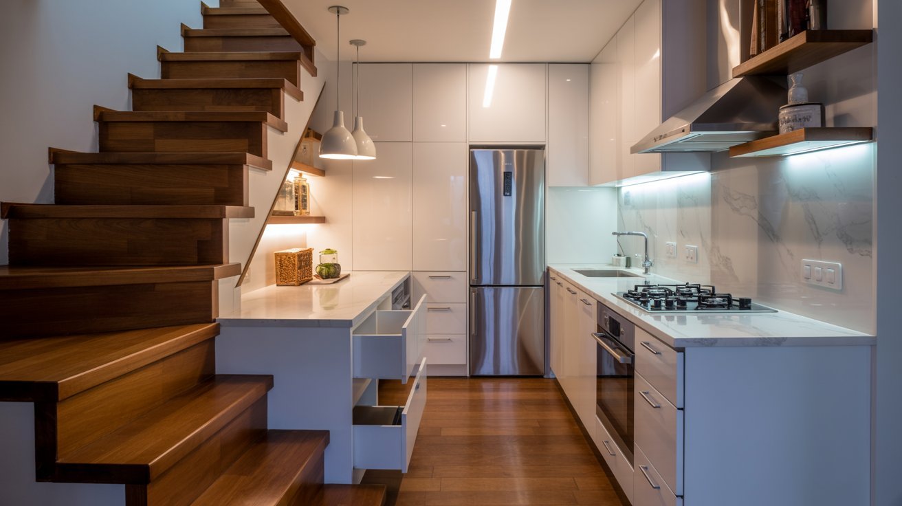 A kitchen featuring wooden stairs and a refrigerator, showcasing a blend of rustic and modern design elements.