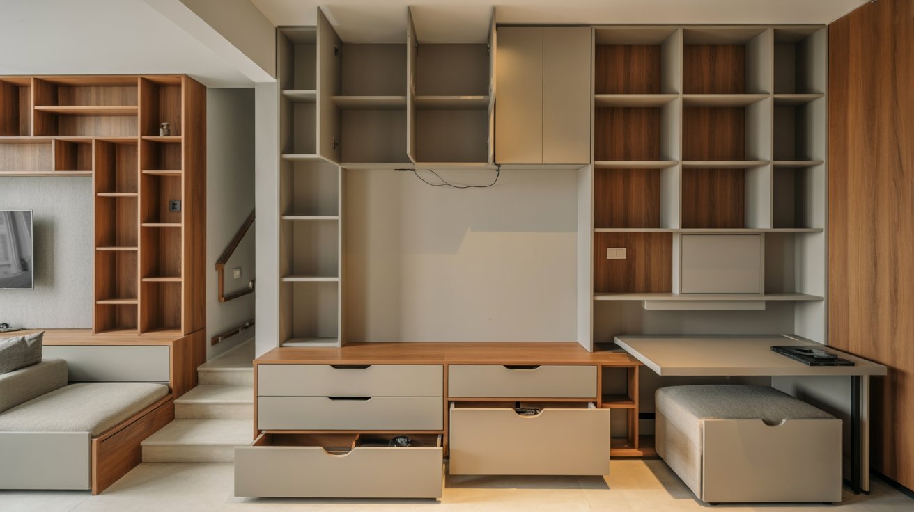  A modern living room featuring a stylish couch, a desk, and neatly arranged bookshelves.
