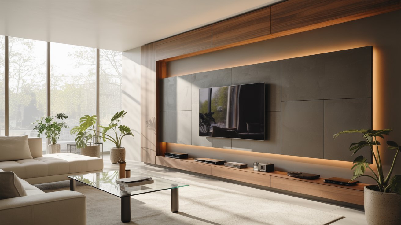 Contemporary living room with stylish furniture arrangement and a large television as the focal point.