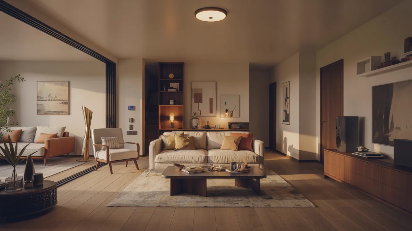 A cozy, modern living room with a beige sofa, colorful cushions, a wooden coffee table, and ambient lighting. Large windows reveal a sunlit balcony.