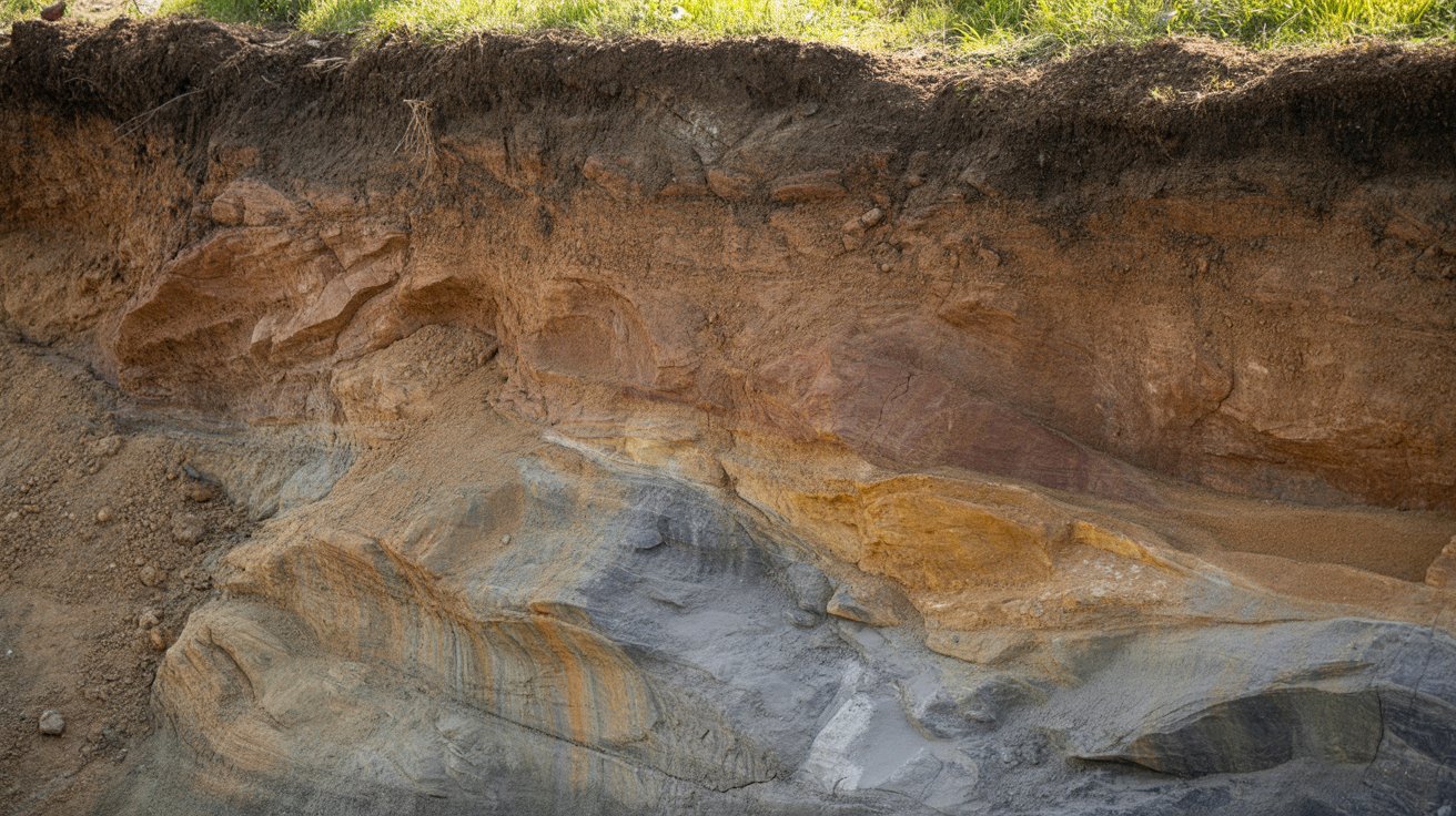 A man stands on a hillside, holding a rock, with a scenic landscape in the background.