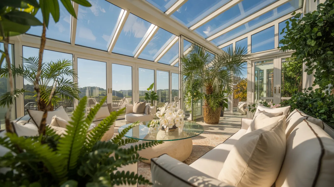 A spacious glass-enclosed sunroom featuring comfortable furniture and various indoor plants.