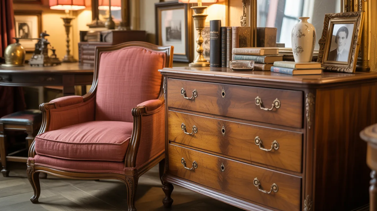 A vibrant pink chair next to a stylish chest of drawers, creating a cozy interior setting.
