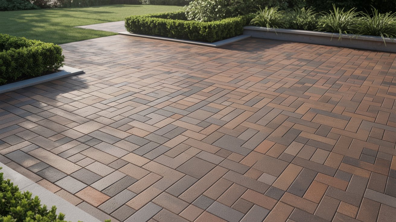  A brick patio surrounded by a lush garden area, showcasing vibrant plants and flowers.