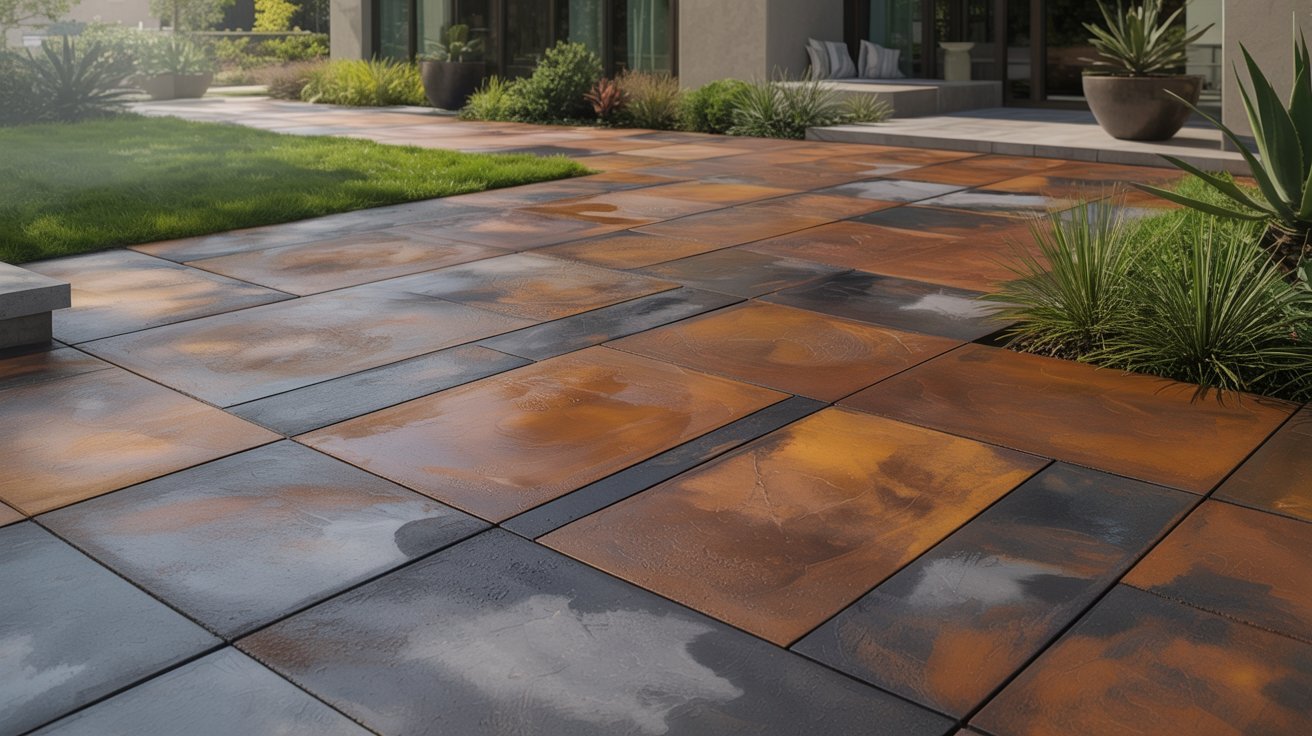 A patio featuring a sleek metal surface adorned with various green plants, creating a serene outdoor space.
