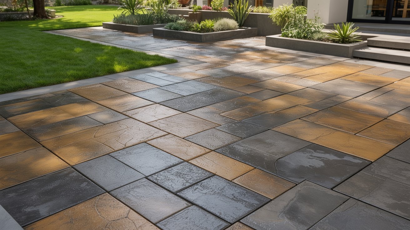 A patio featuring a stone floor and a rustic brick wall, creating a cozy outdoor space.