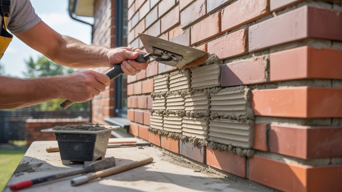 A man is constructing a wall by placing bricks carefully in position.
