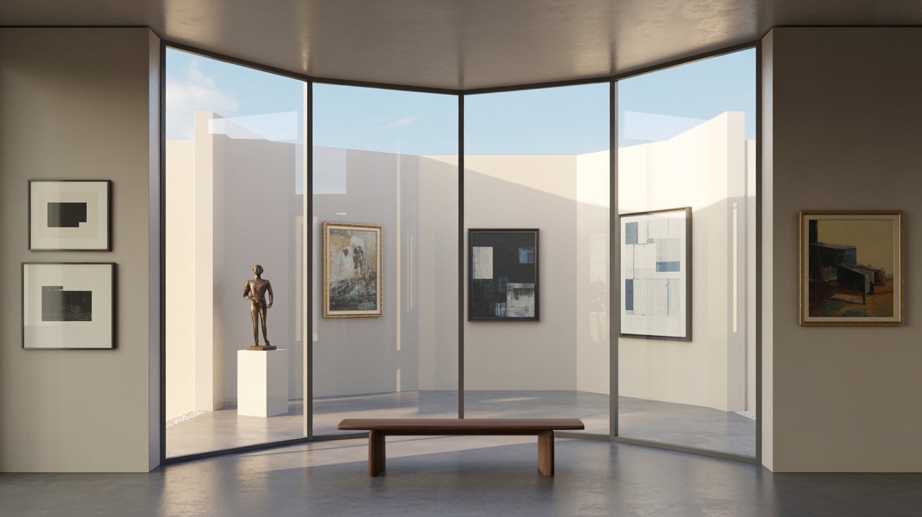 A room featuring a wooden bench and several colorful paintings displayed on the walls.