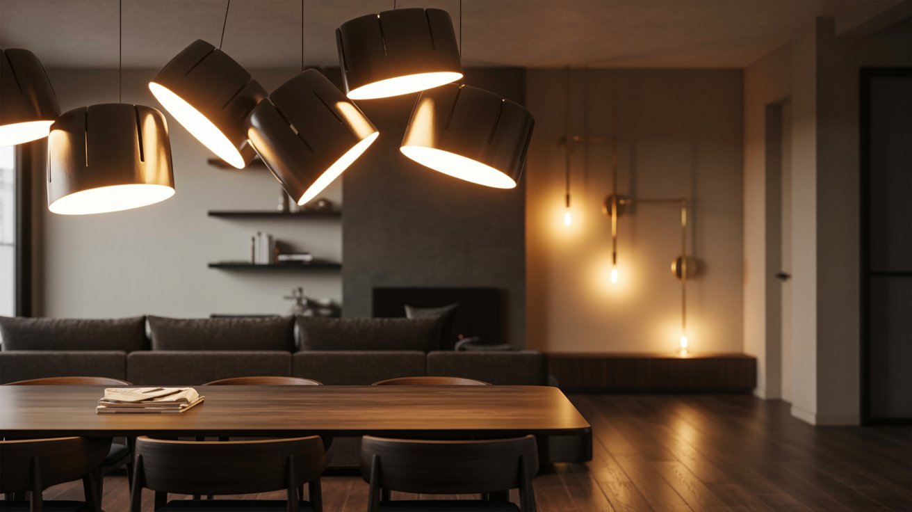 Modern living room featuring contrasting black and white lighting, creating a stylish and contemporary atmosphere.
