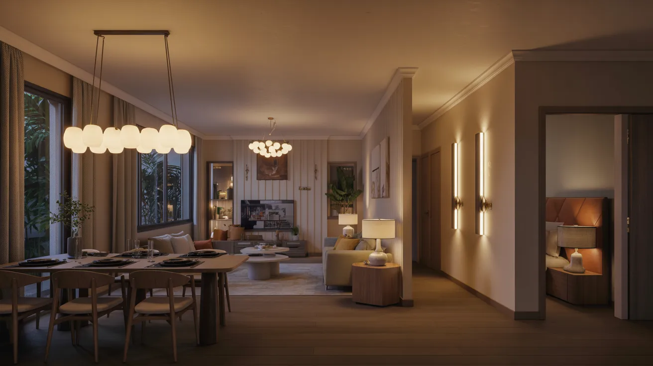 A modern living room featuring a dining table surrounded by chairs, showcasing contemporary design elements.
