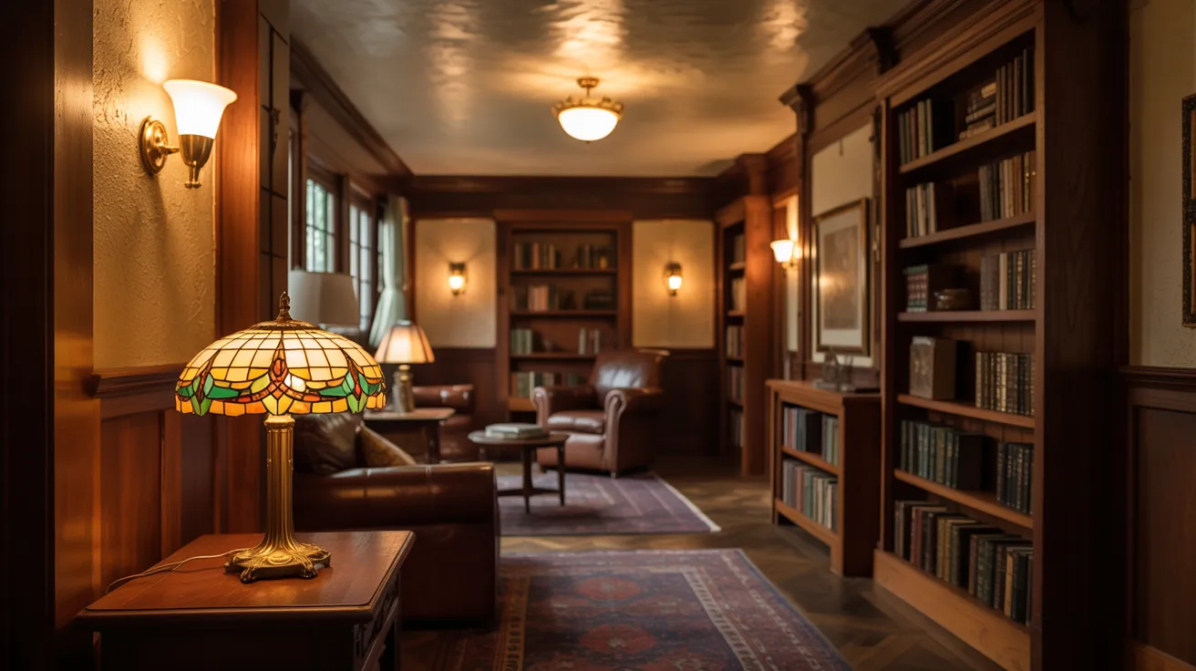 A well-lit library scene with a lamp and extensive bookshelves lined with various books.
