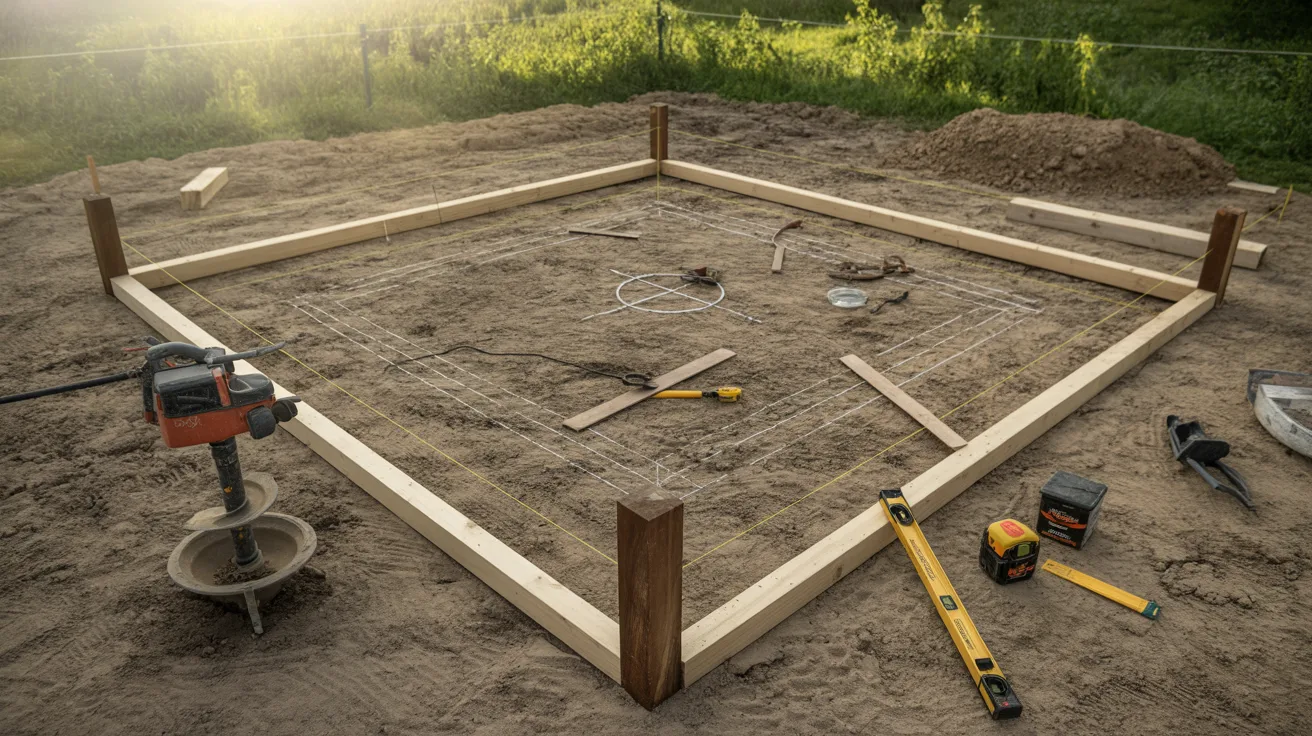 A wooden frame is under construction in the dirt, showcasing the initial stages of a building project.