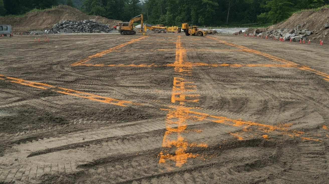 A construction site featuring orange lines marked on the ground, indicating work zones and safety areas.