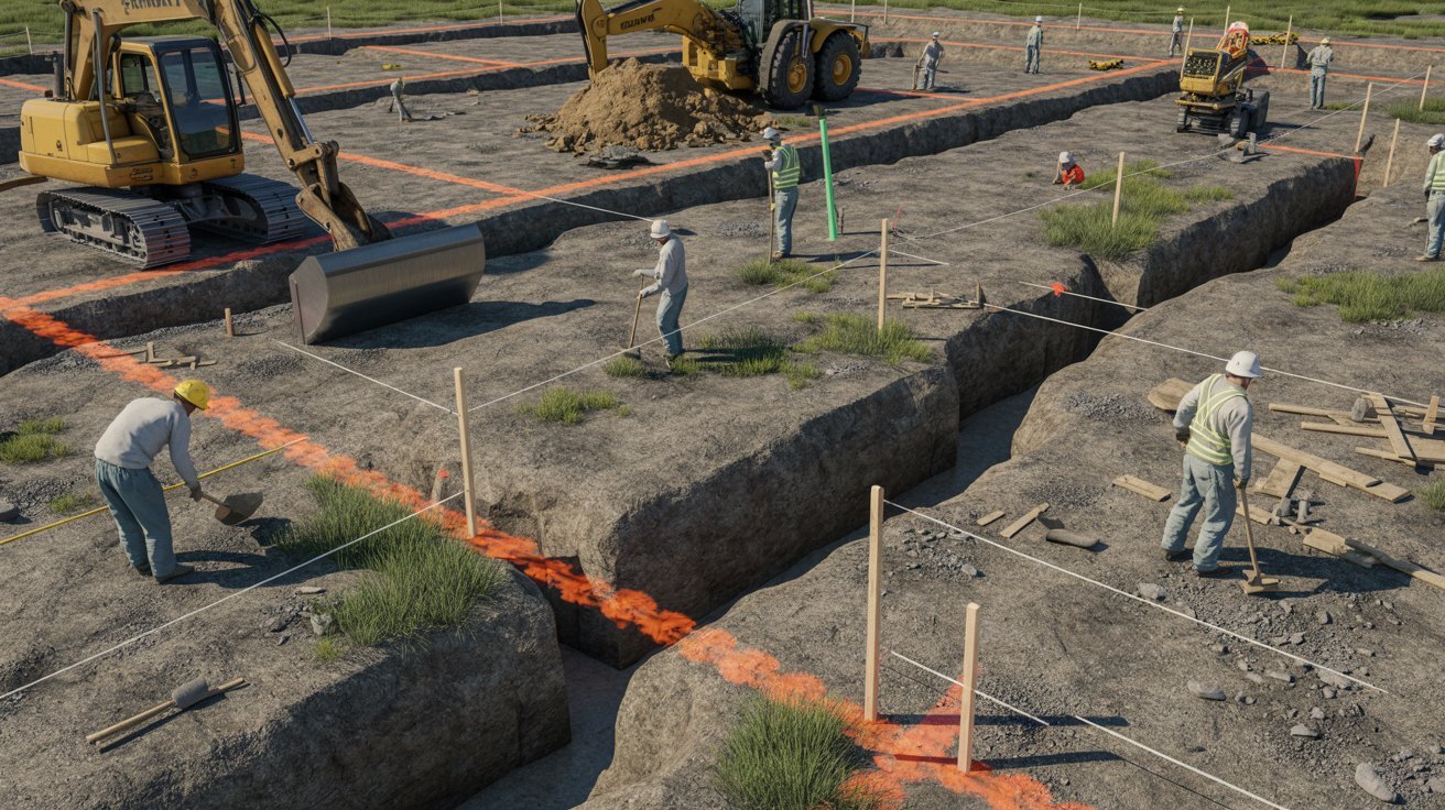  Construction workers in hard hats and safety vests are actively working on a construction site with machinery and materials.