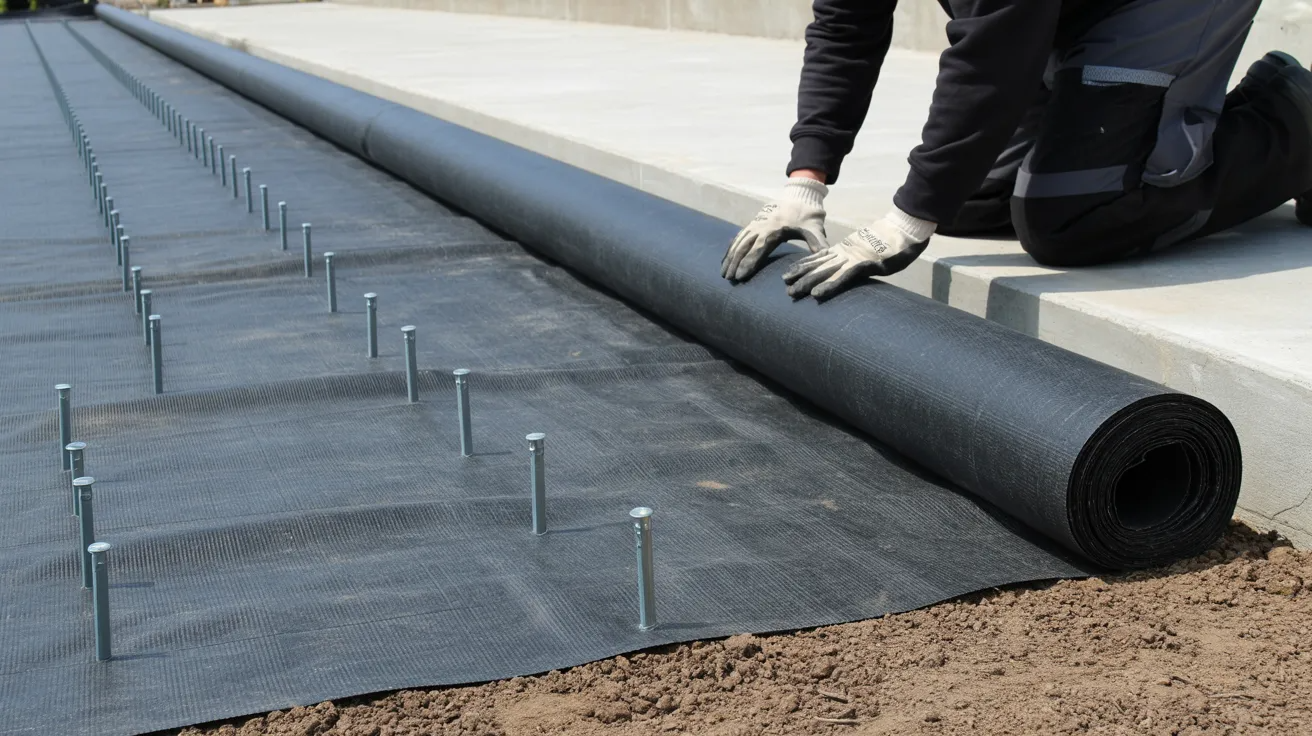 man is laying a black plastic sheet flat on the ground in preparation for an outdoor project.