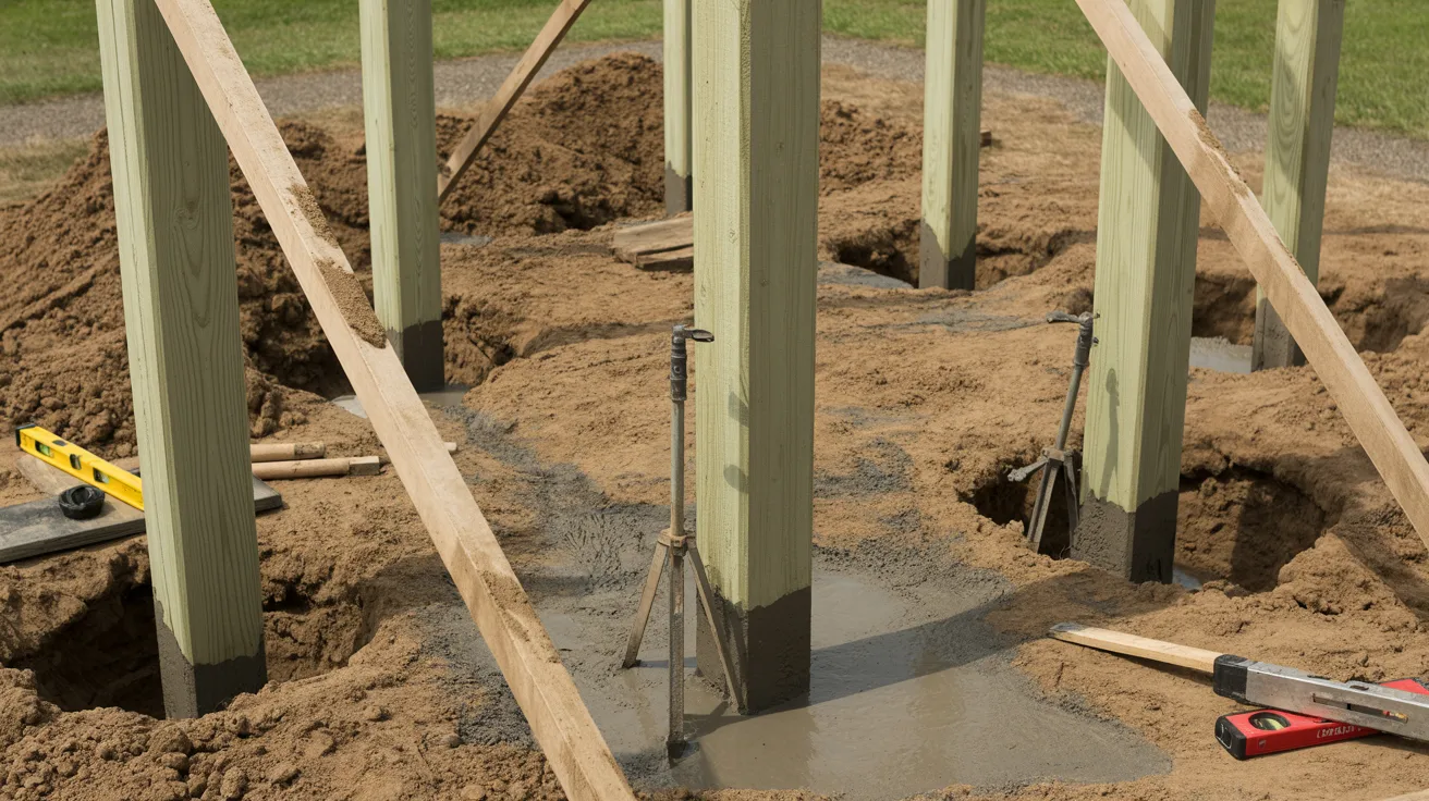 A wooden post with an assortment of tools and a shovel attached, situated in a garden or construction area.