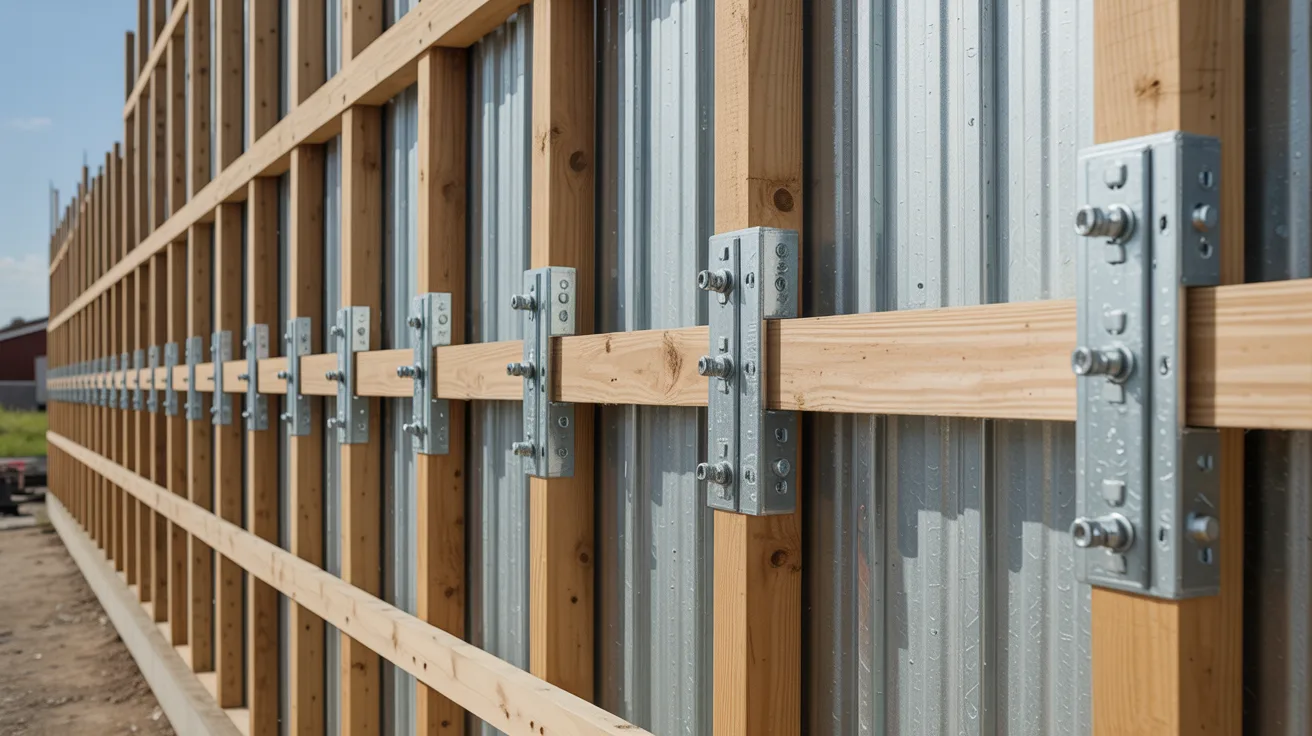 A wall with an arrangement of metal clamps mounted along its surface.