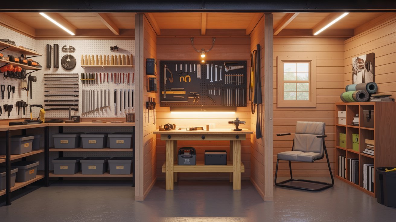 A garage interior featuring a workbench equipped with various tools and organized storage for efficient workspace use.
