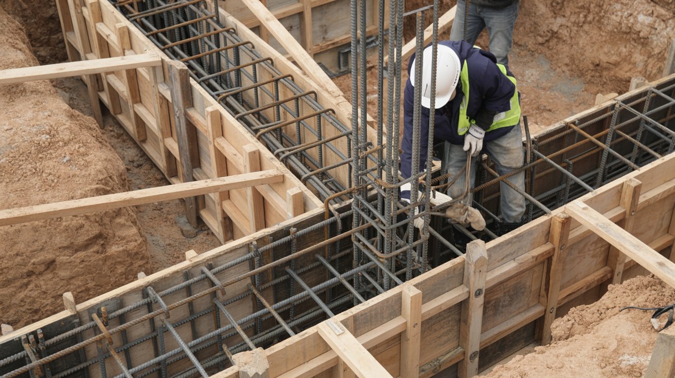 Construction workers pouring concrete to create a sturdy foundation at a building site.