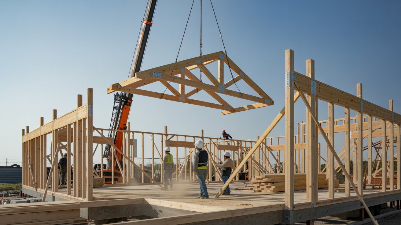 Construction workers are actively building a house, using tools and materials at the construction site.