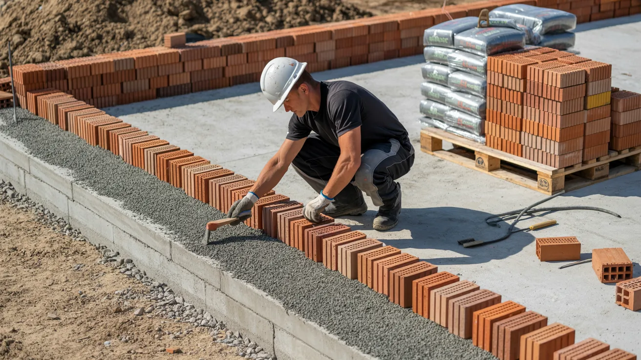 A man is constructing a brick wall, carefully placing each brick in position for stability and strength.