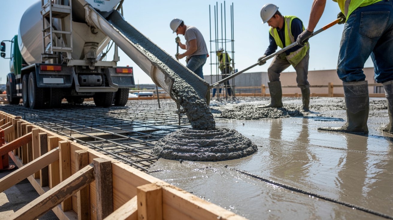 Concrete is being poured at a construction site, with workers and machinery actively engaged in the process.

