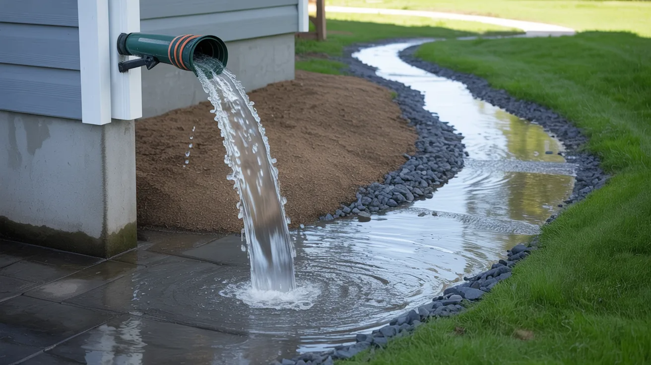 A water pipe is actively pouring water into a green yard, creating a small stream on the grass.
