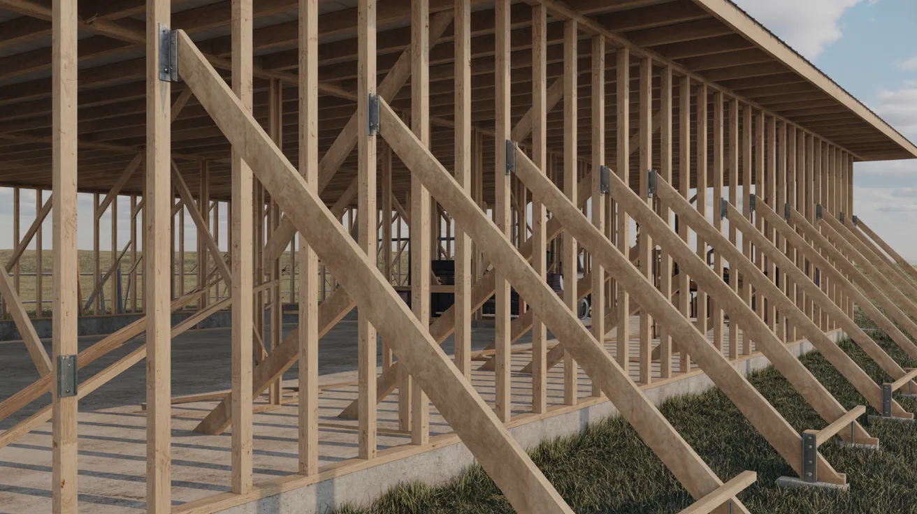 A rustic barn featuring wooden beams and a sloped roof against a clear sky.