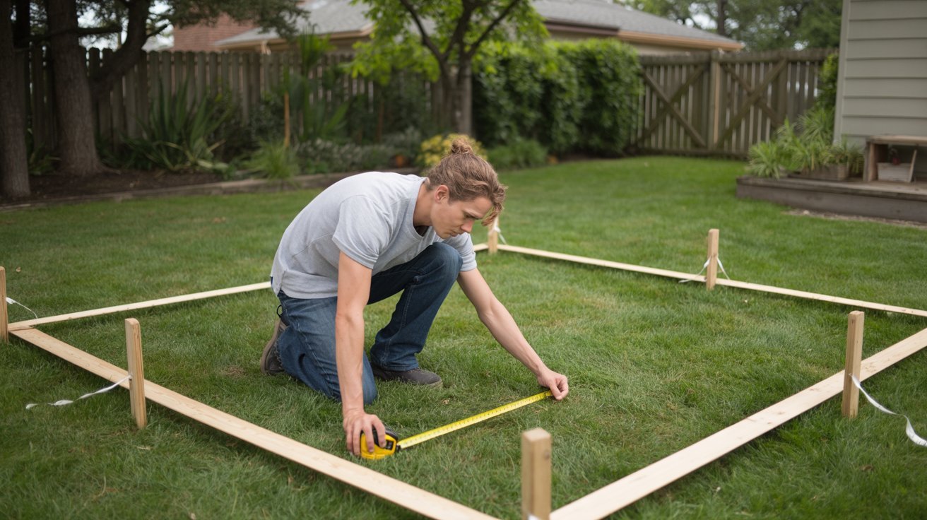A man measures the dimensions of a wooden frame using a tape measure in a workshop setting.