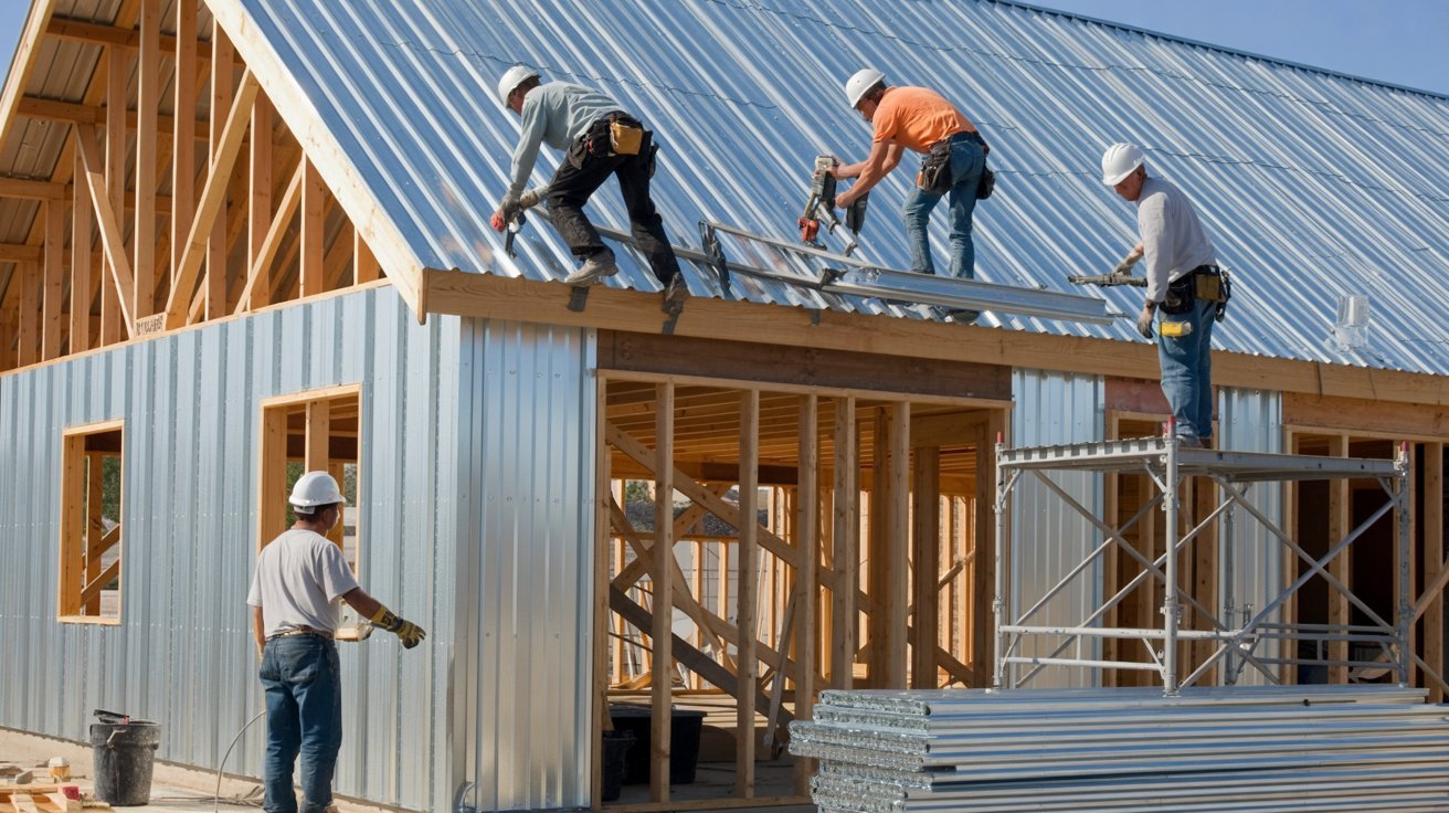 Construction workers installing metal roofing on a house, using tools and safety gear for the project.
