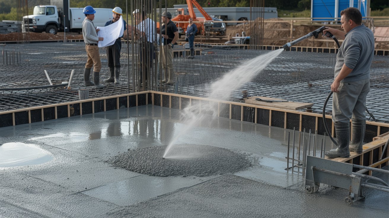 A construction worker is pouring concrete into a mixer, readying materials for a concrete project.