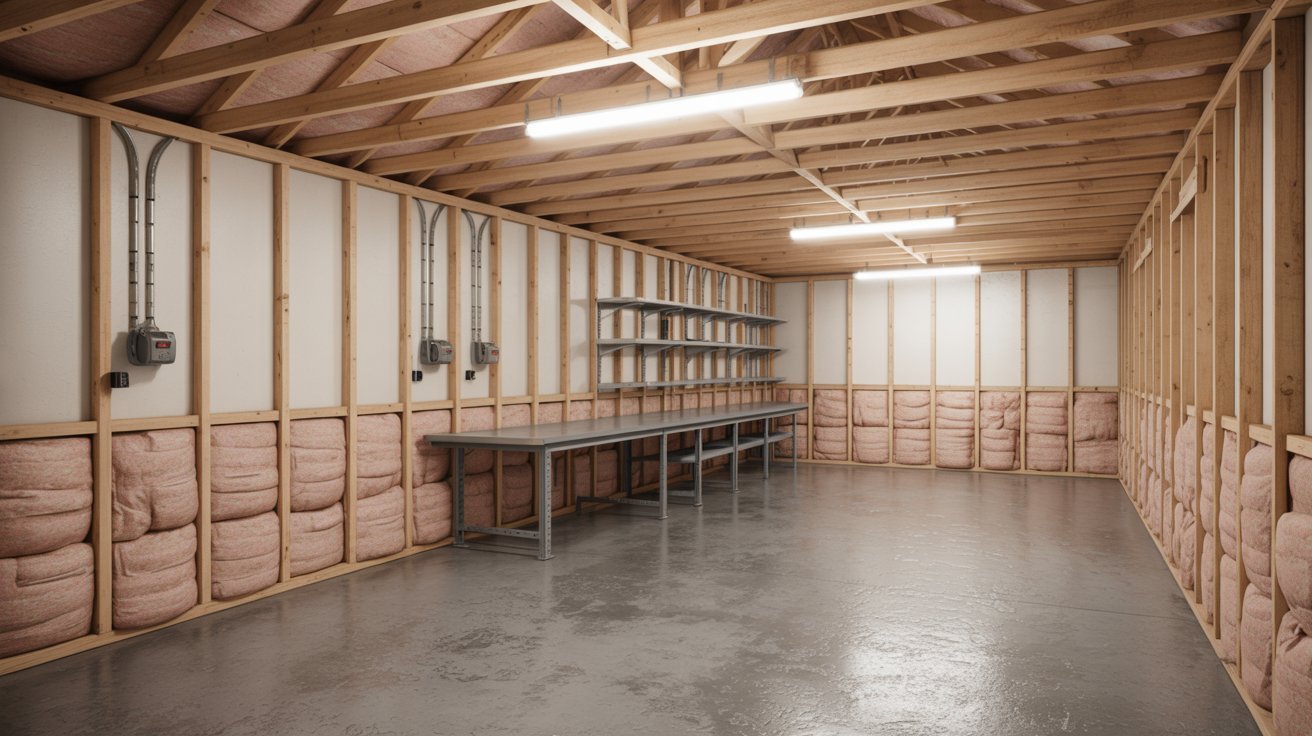 A room featuring a wall of insulation and shelves filled with various items, creating a functional storage space.