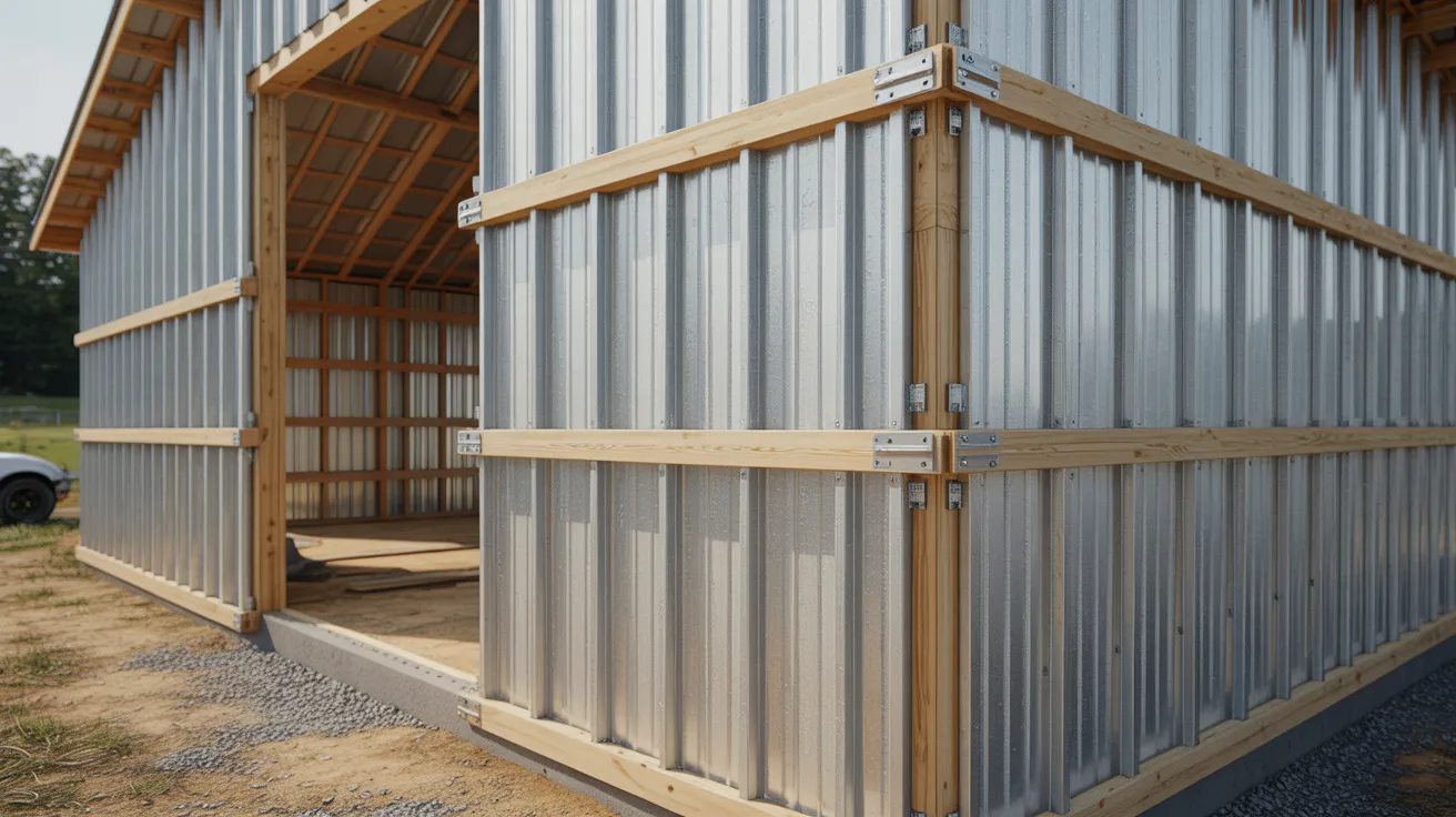 A metal building with a wooden frame stands in the background, with a car parked in front of it.