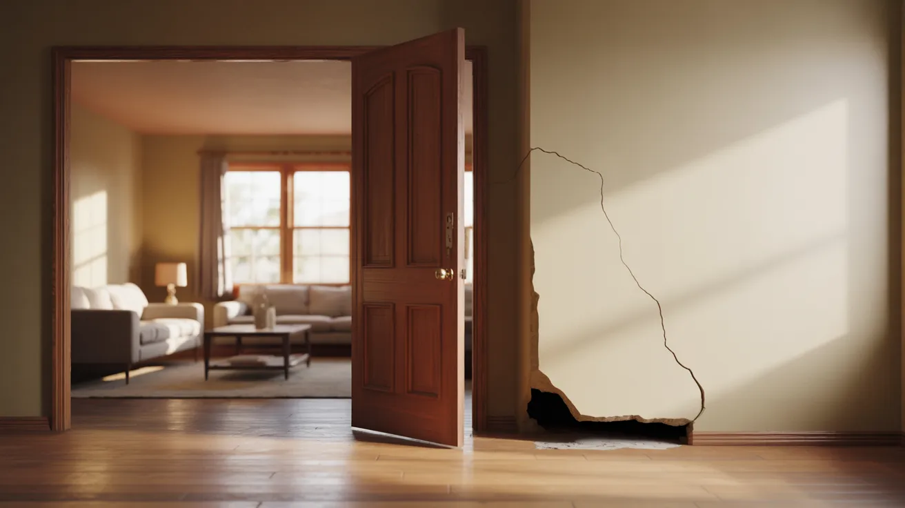 A broken door in a room featuring a couch and a window, suggesting neglect or disrepair in the space.