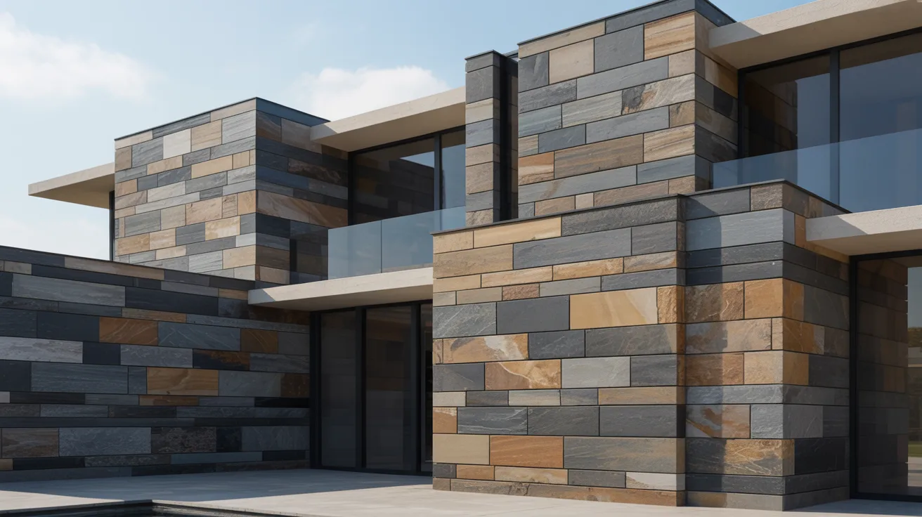 A modern house featuring stone walls and a swimming pool, set in a landscaped outdoor area.
