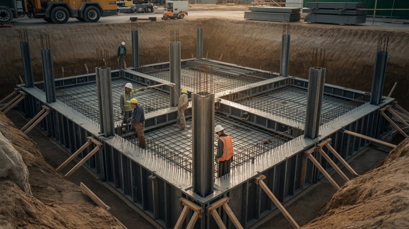  Construction workers pouring concrete for a foundation at a building site, wearing safety gear and using machinery.