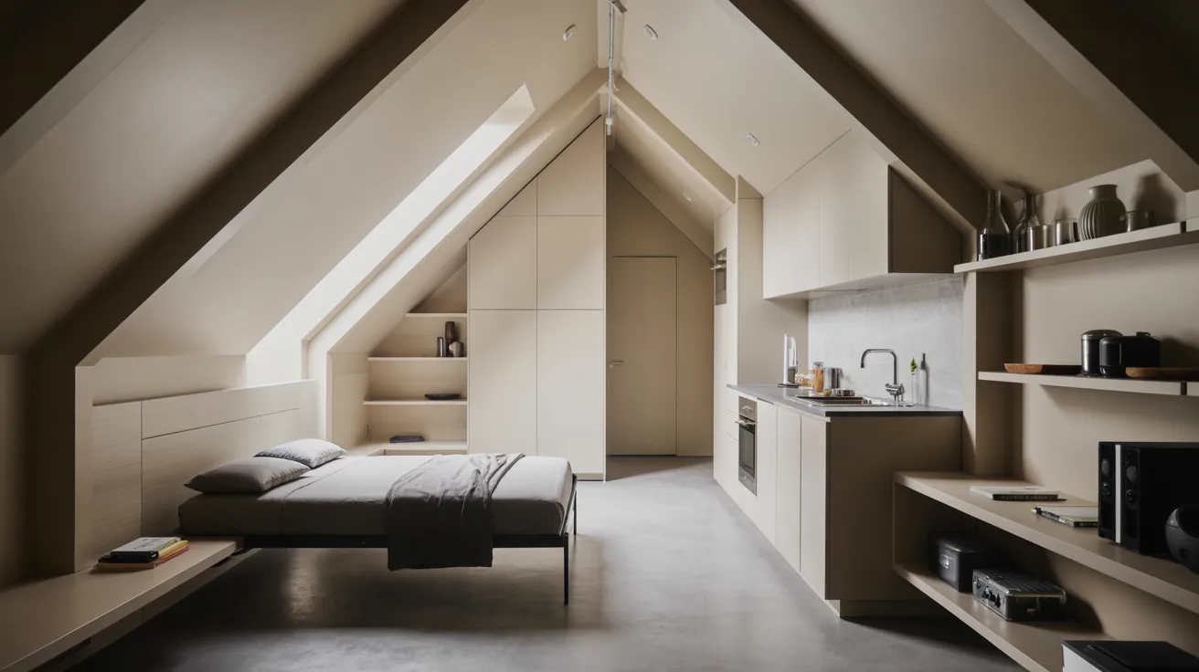 A cozy attic bedroom featuring a bed and a small kitchen area, showcasing a unique living space.