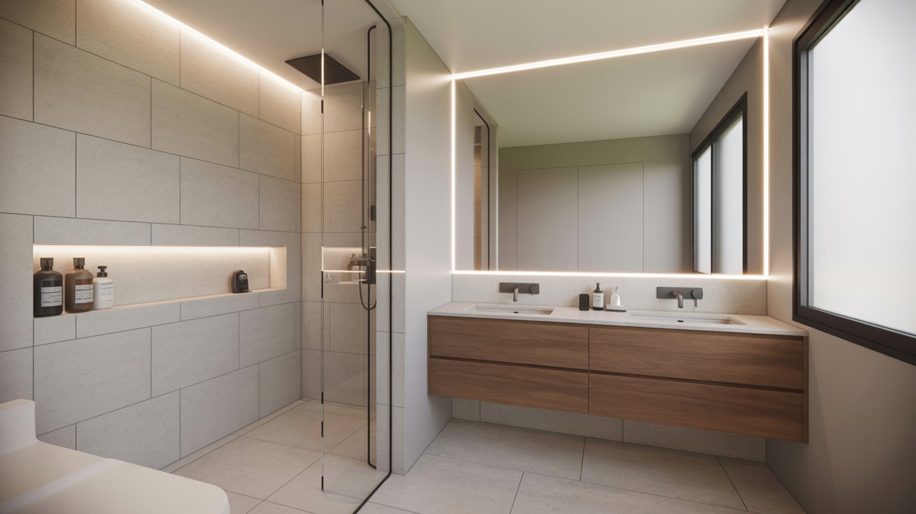  A modern bathroom featuring a sleek shower and a contemporary sink, showcasing minimalist design elements.