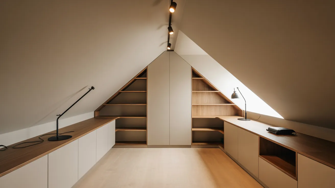A cozy attic featuring a wooden desk and shelves filled with books and decorative items.
