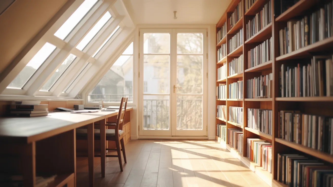 A cozy room featuring tall bookshelves filled with books and a wooden desk positioned in the center.